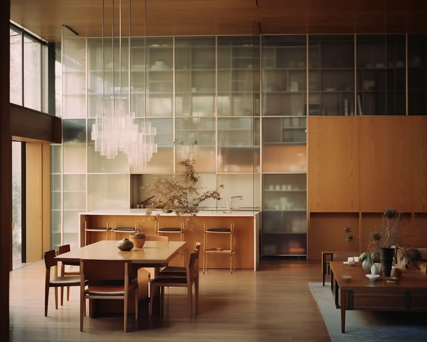 Mid-century modern dining area with wood pane