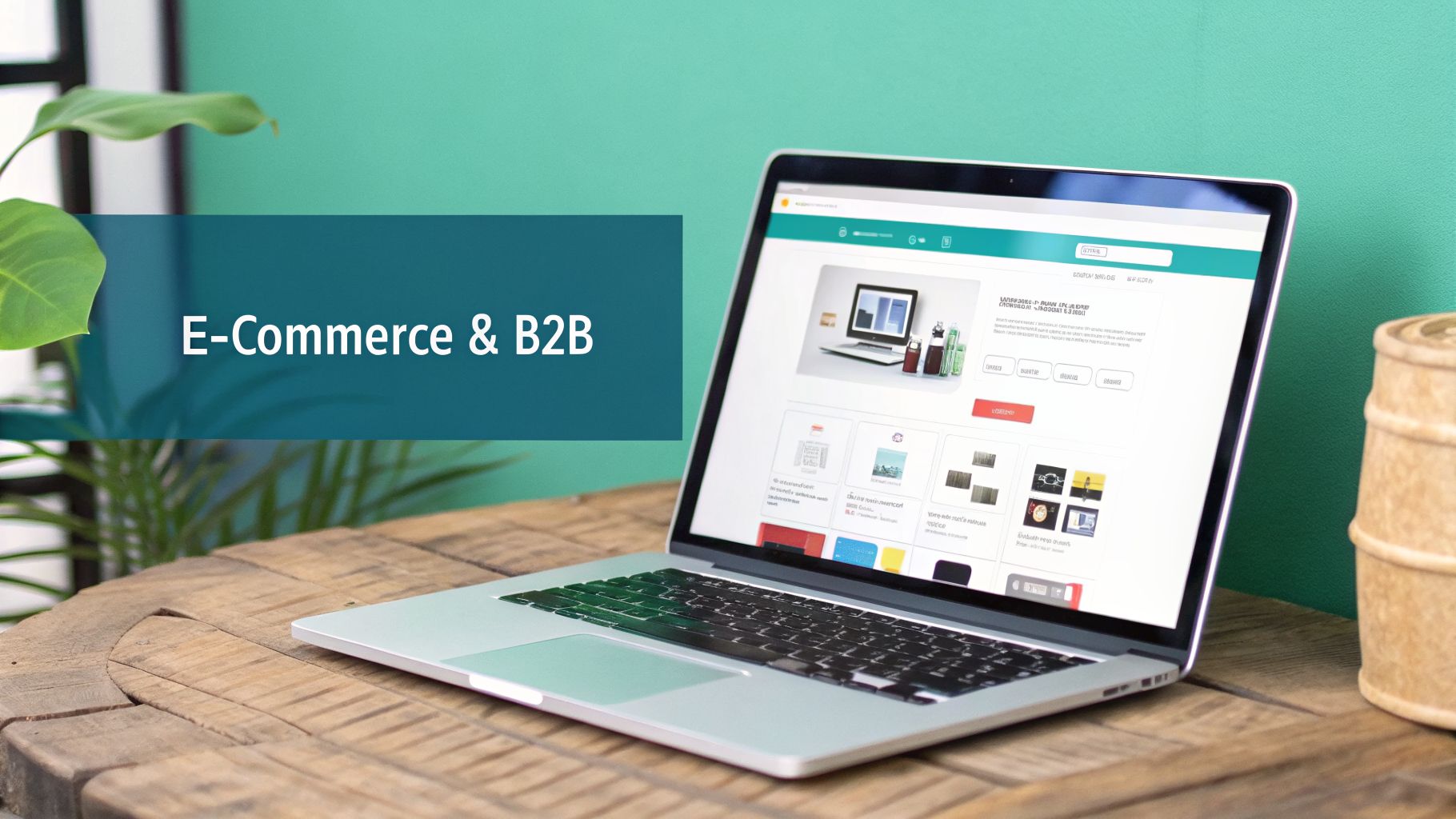 Un ordinateur portable sur une table en bois affichant un site d'e-commerce avec le texte 'E-Commerce & B2B'.