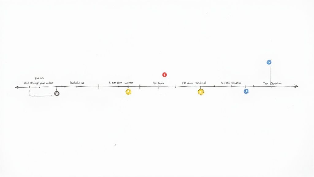 Timeline diagram illustrating an interview process with stages like resume, behavioral, technical, and questions.