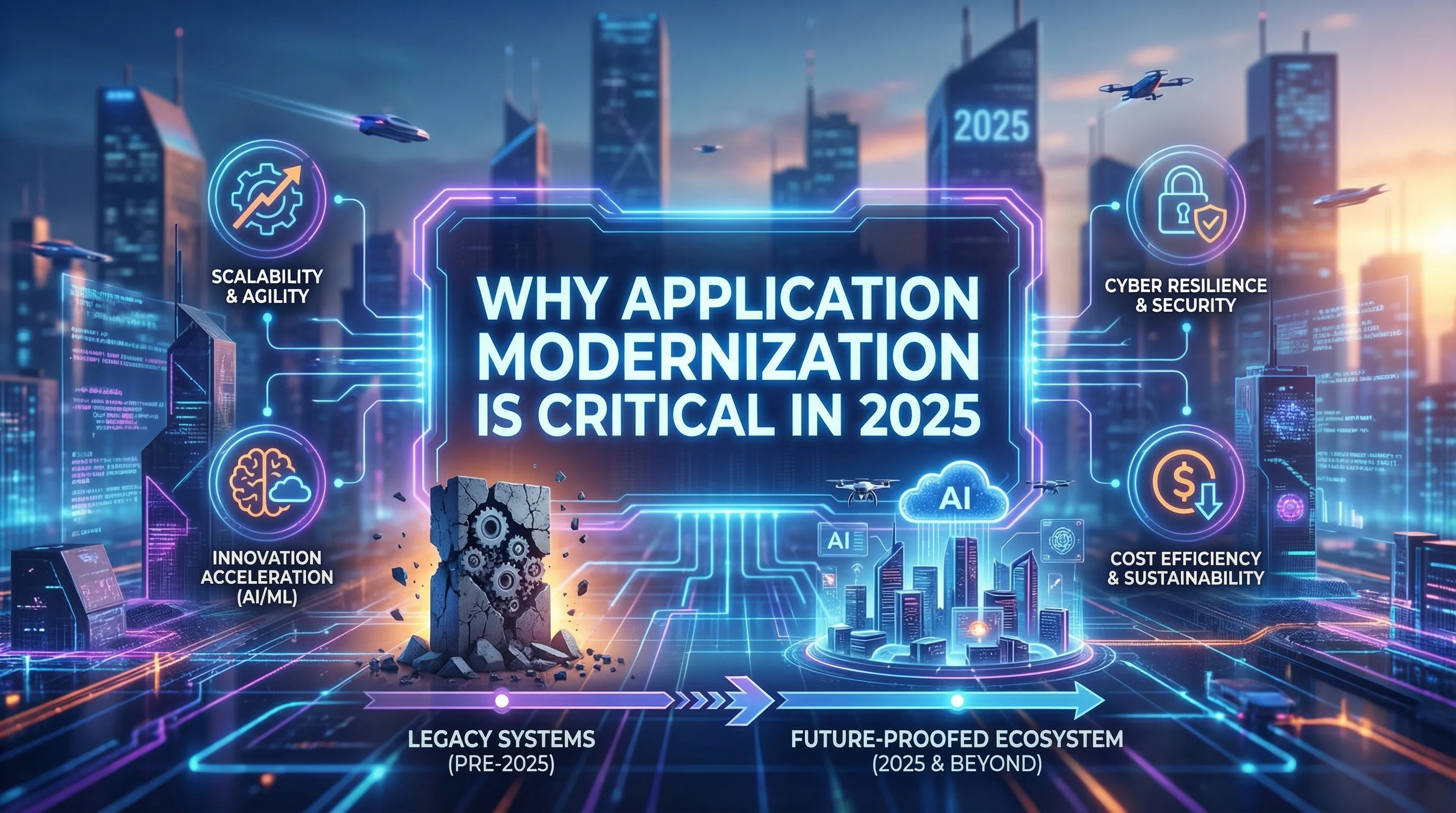 Why application modernization is critical in 2025, showing the shift from legacy systems to scalable, secure, AI-ready platforms.