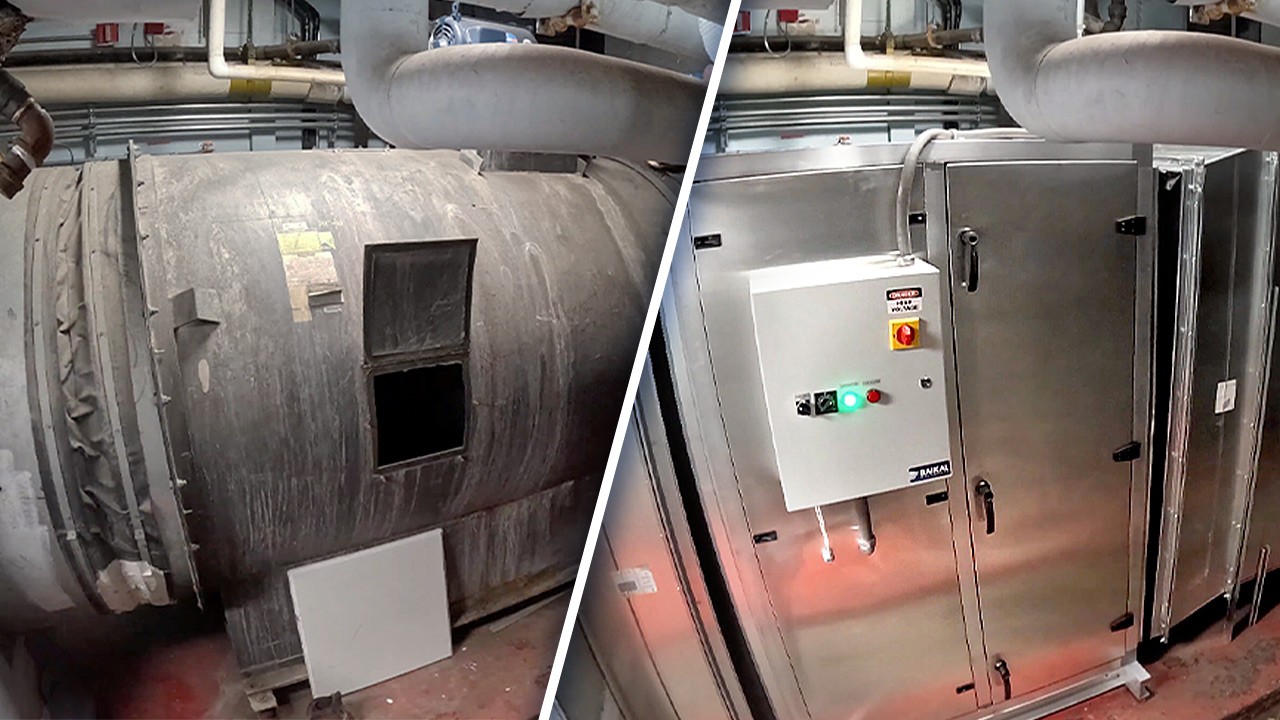 Hospital HVAC return fan retrofit NYC showing EC fan array installation and duct transitions in a live healthcare environment