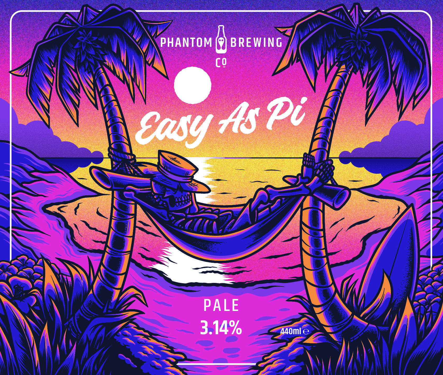 Phantom Brewing Packaging illustration showing a paradise island with a skeleton sleeping in a hammoc he title 'easy as pi'