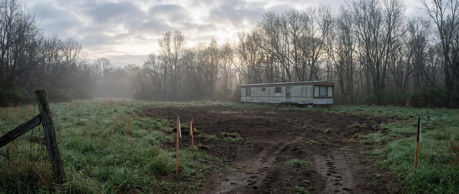 Foggy field with a trailer; RockN' Socials Digital Marketing Agency location.