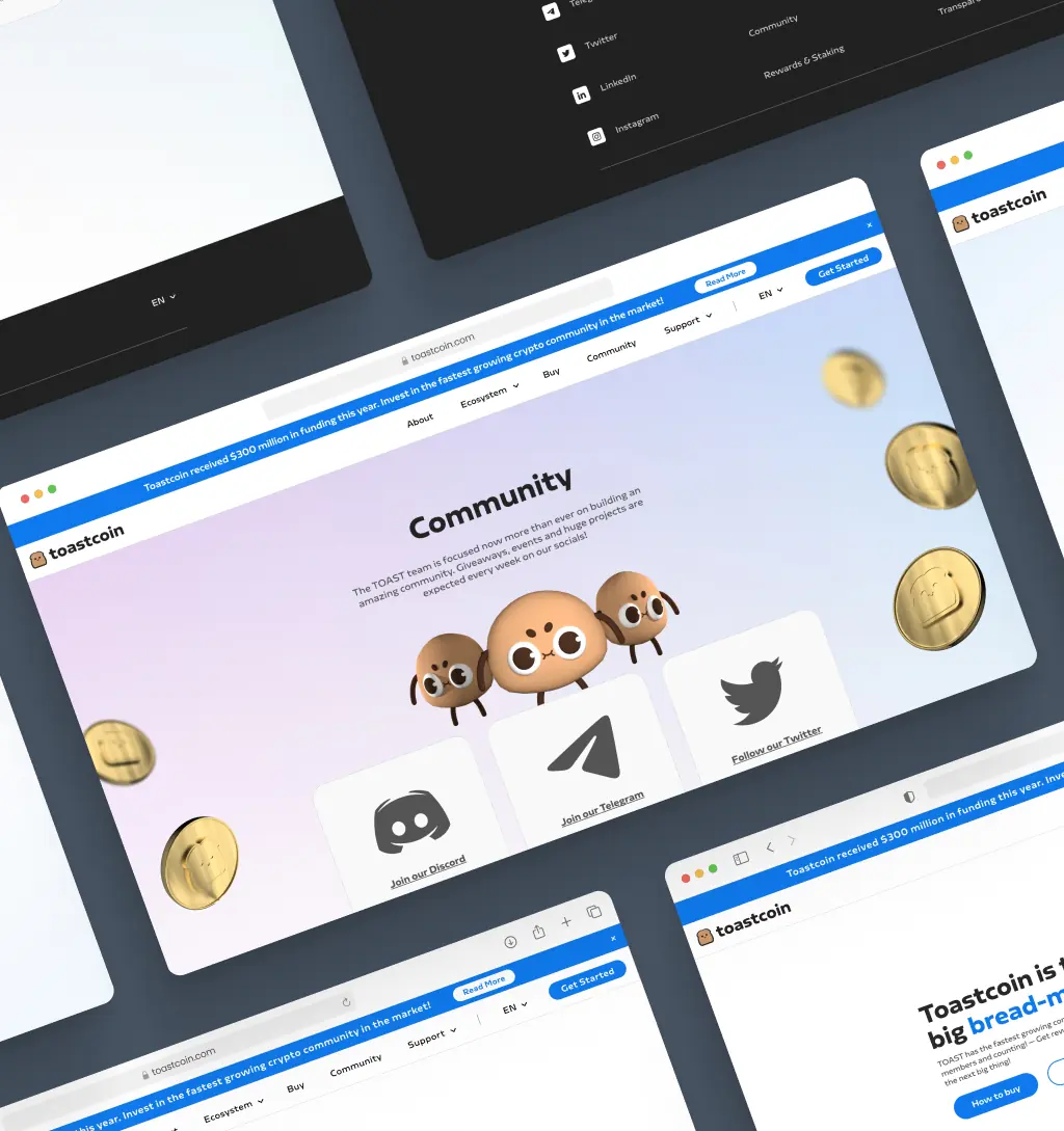 Multiple desktop mockups showing primarly the community page of the website.