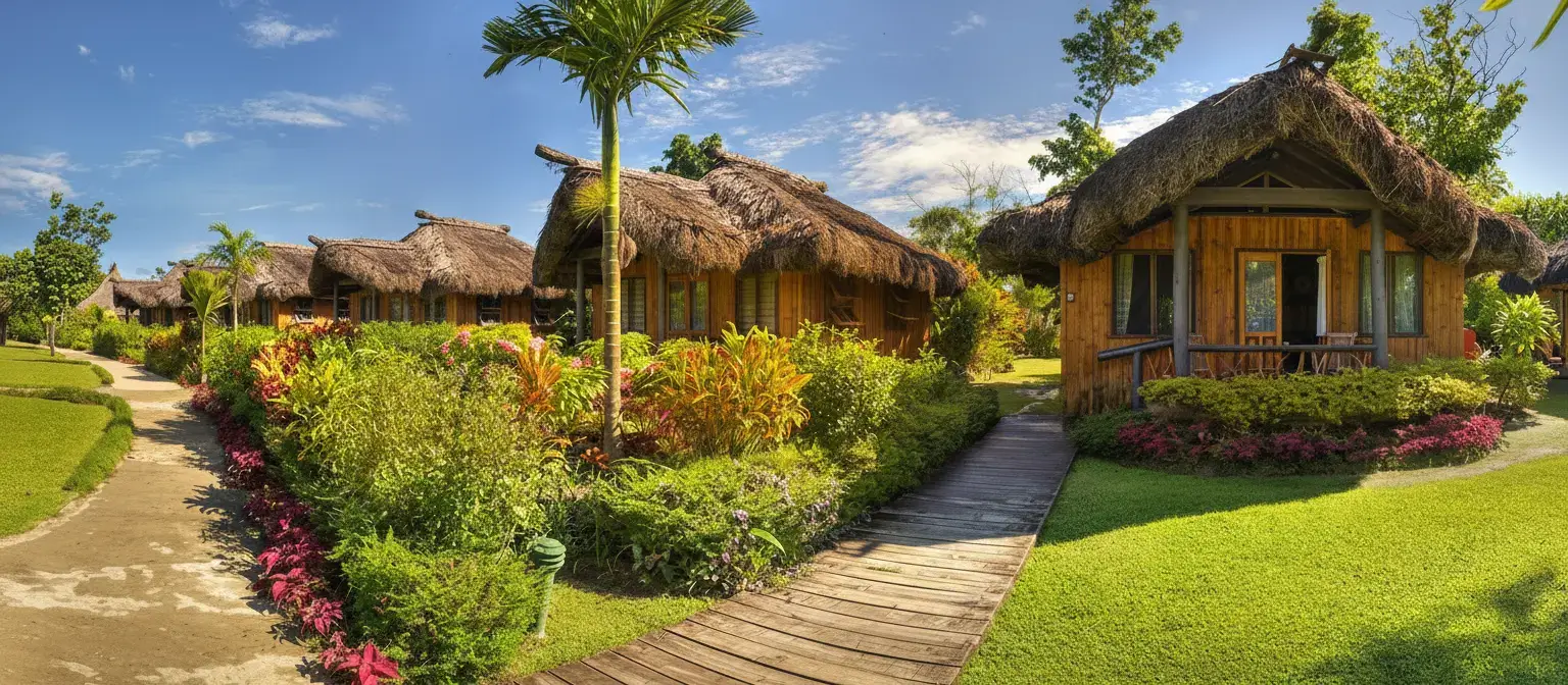 Traditional Fiji bure in garden setting with dark roofs nestled amidst lush tropical greenery at Uprising Beach Resort.