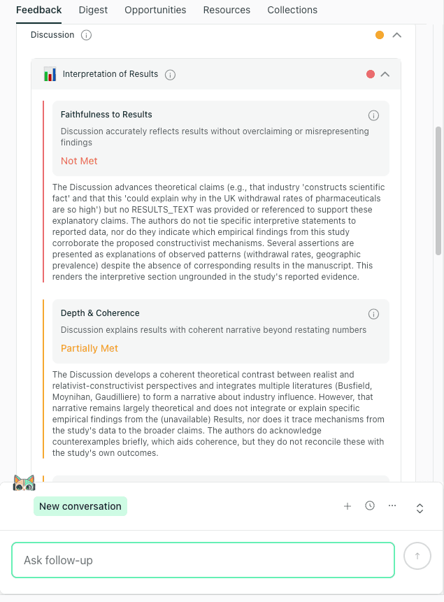 thesify interpretation feedback for the Discussion section evaluating faithfulness to results and coherence