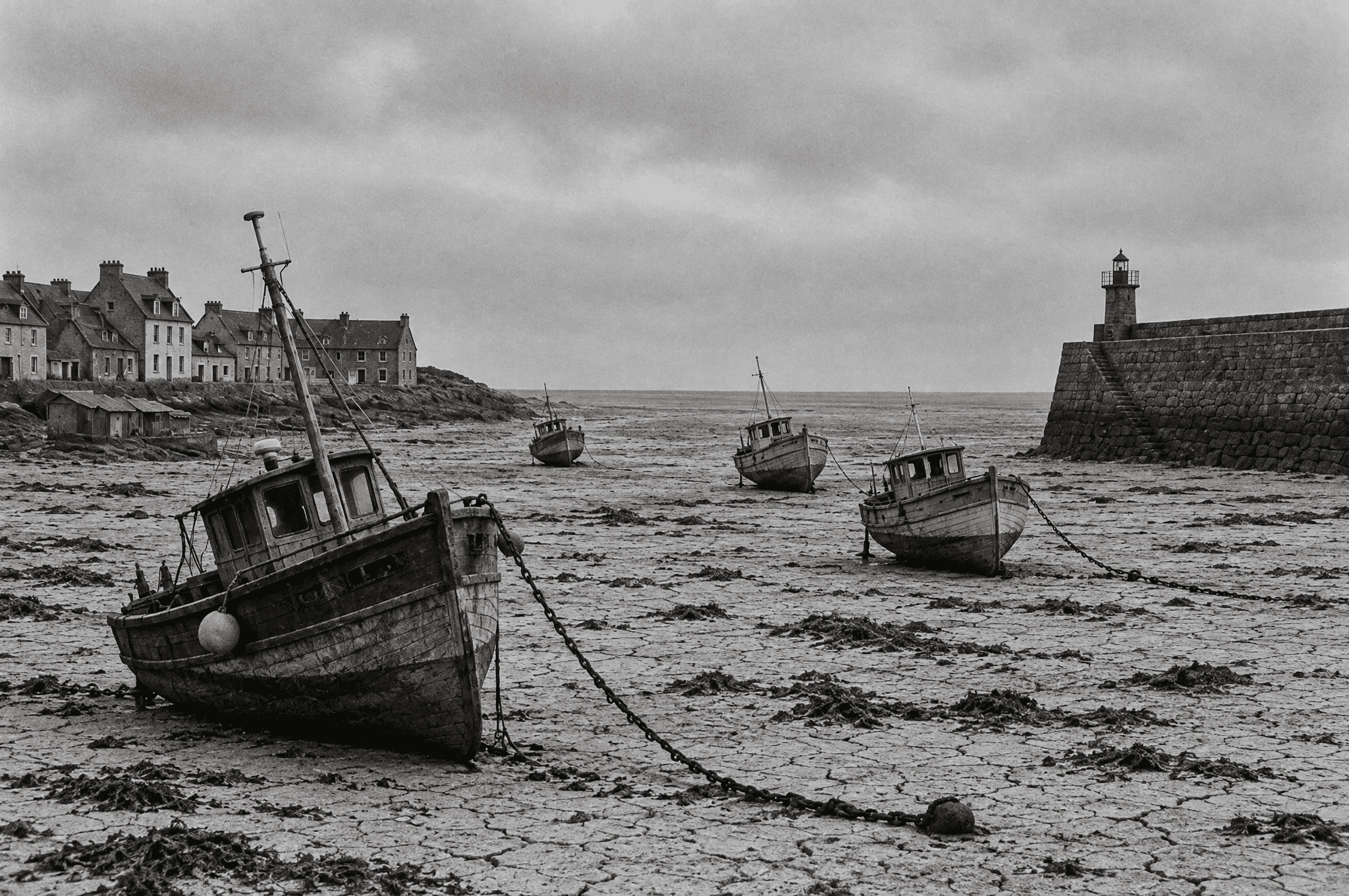 Wooden fishing boats tilted on a dry, cracked seabed beside a harbour town and lighthouse