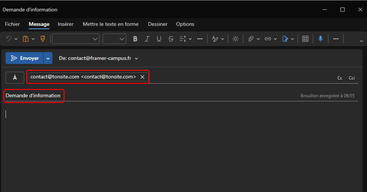 Configuration d’un lien mailto avec objet d’email pré-rempli dans Framer