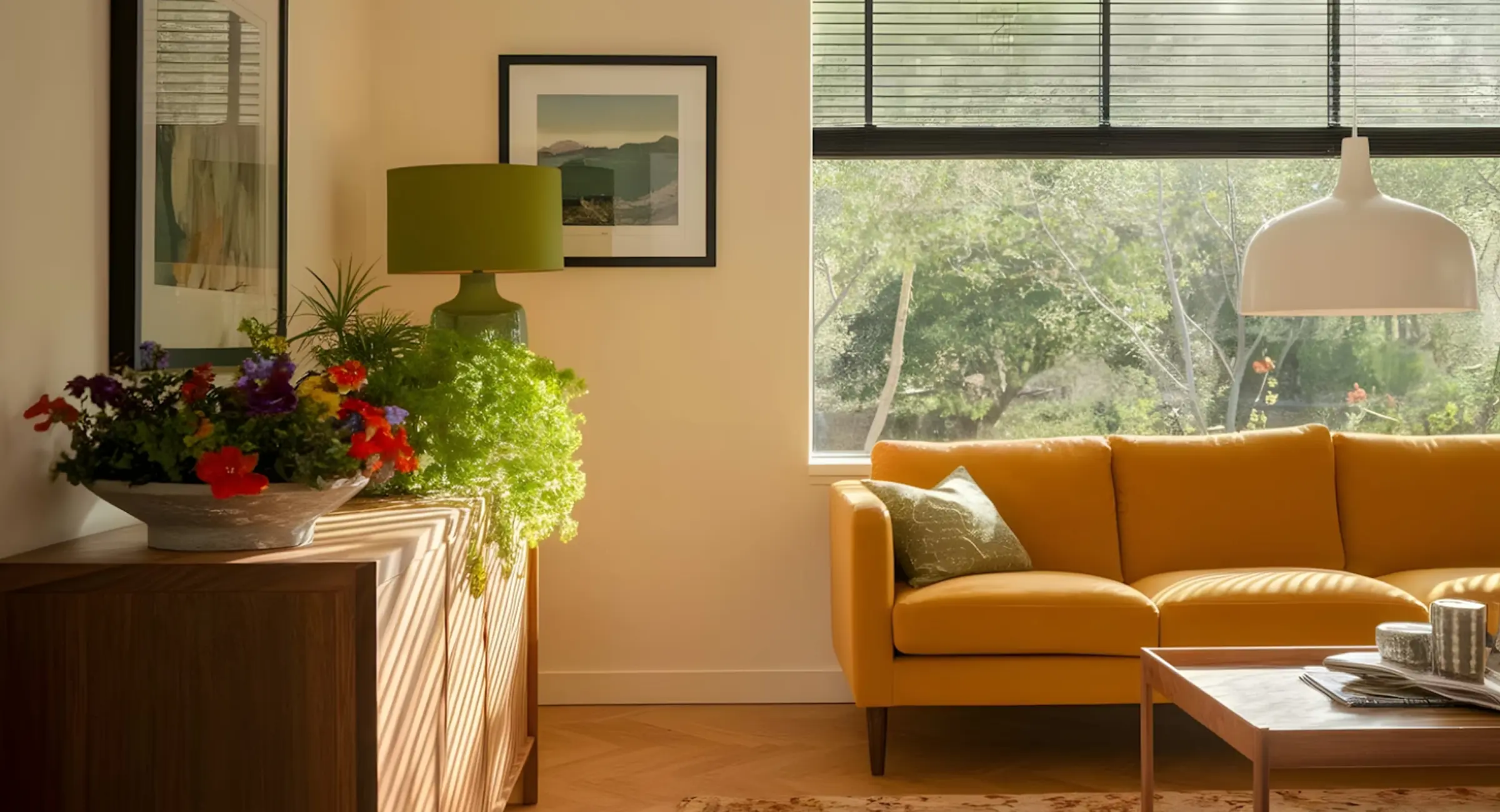 Sunlit living room with yellow sofa and plants.