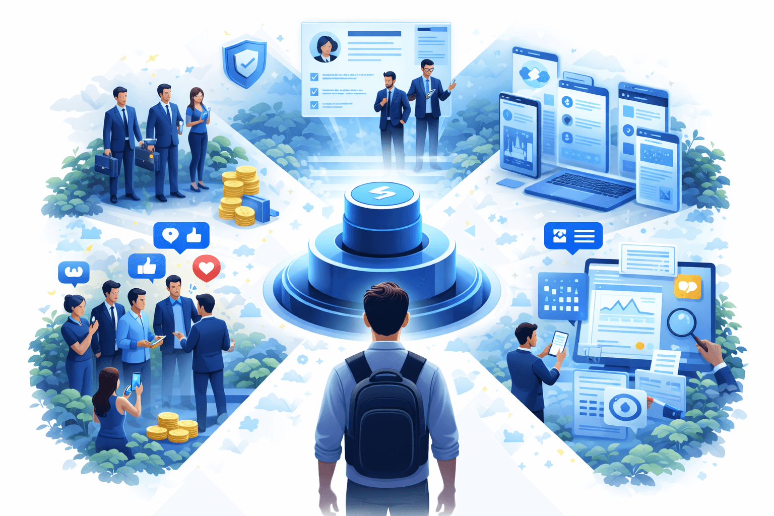 A picture illustrates a man that is looking at 5 different psychological triggers in web3 space that increase trust