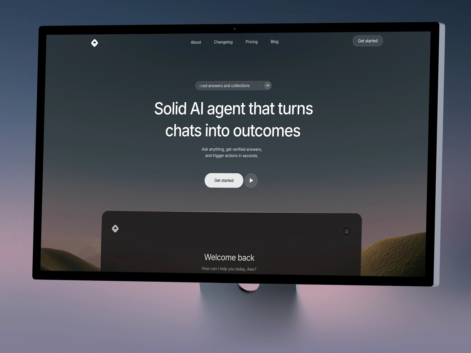 AI interface on monitor screen with a "Get started" button in view.