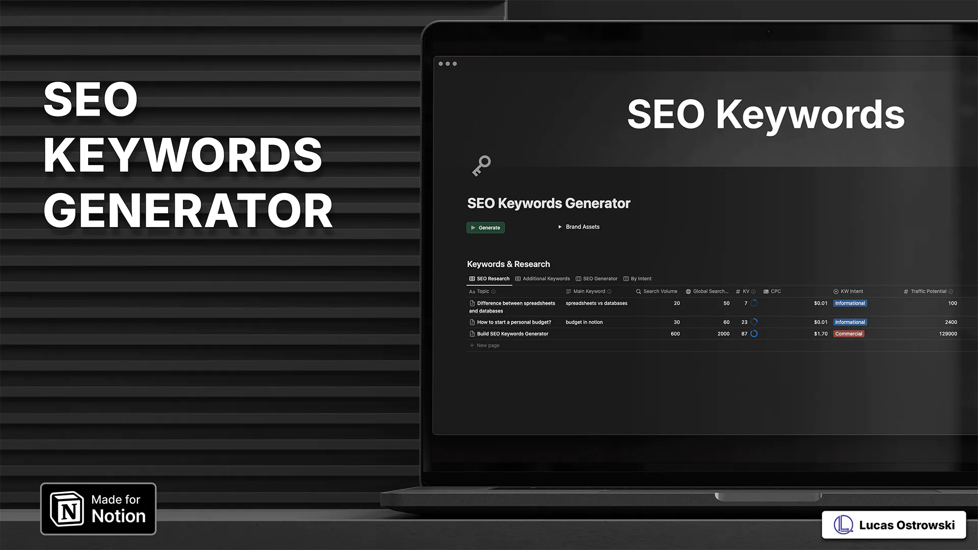 Notion SEO Keywords Generator template shown on laptop display featuring dark mode interface. Screenshot shows keyword research dashboard with metrics like search volume, KW intent, and CPC. Made for Notion badge and Lucas Ostrowski branding visible. Professional SEO tool for content optimization and keyword tracking.