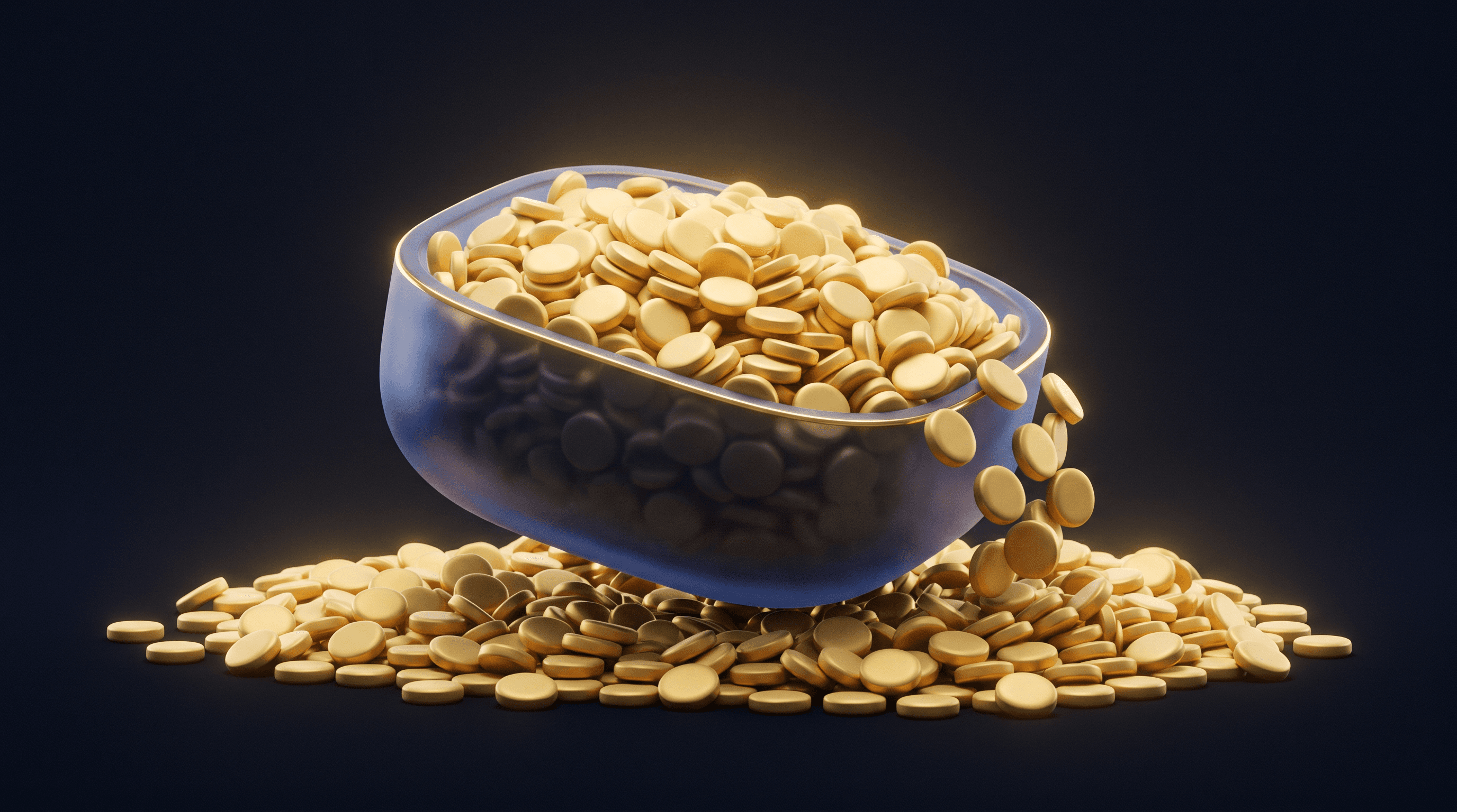 A bowl heaped far past its rim with identical gold tokens spilling over the sides, the point where repeating a keyword becomes keyword stuffing.