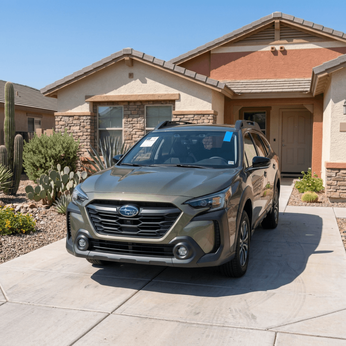 Olive green Subaru Ascent SUV with a precision-cut new windshield sitting in a Florence, Arizona driveway