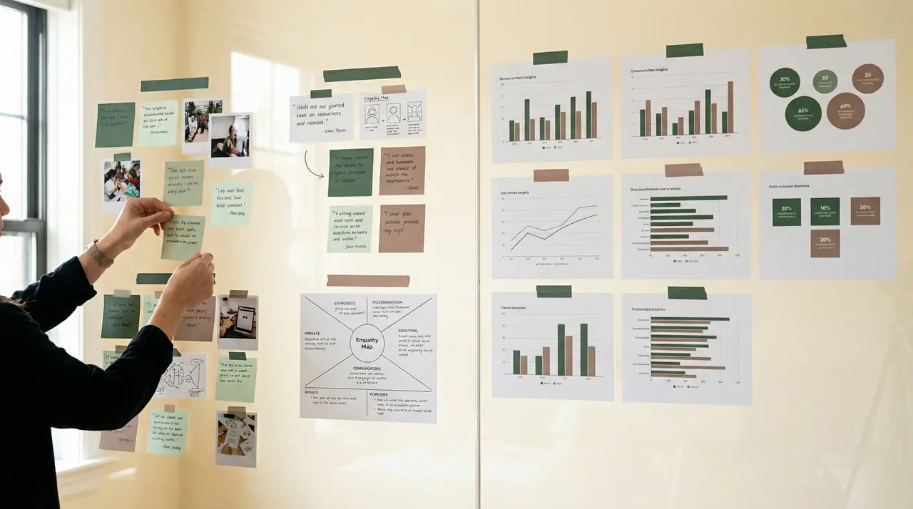 Investigador UX organizando datos cualitativos y cuantitativos en secciones diferenciadas sobre un panel transparente, mostrando notas de entrevistas y gráficos simples.