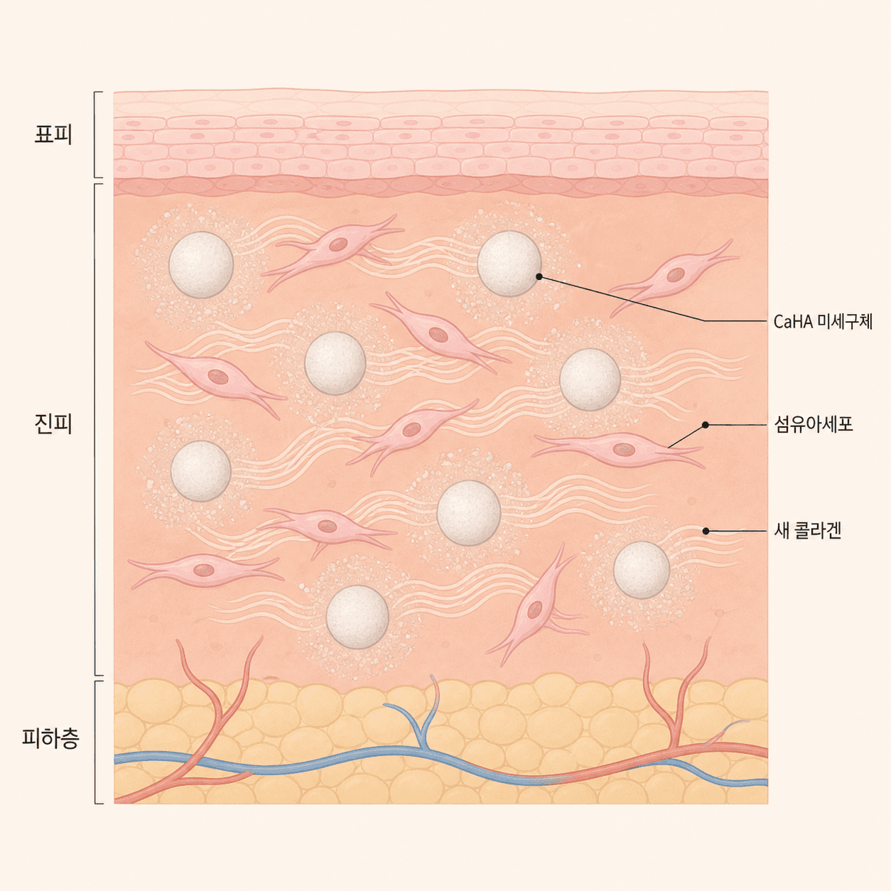 젤이 흡수되는 동안 CaHA 입자 주변에서 새 콜라겐이 만들어지는 모습