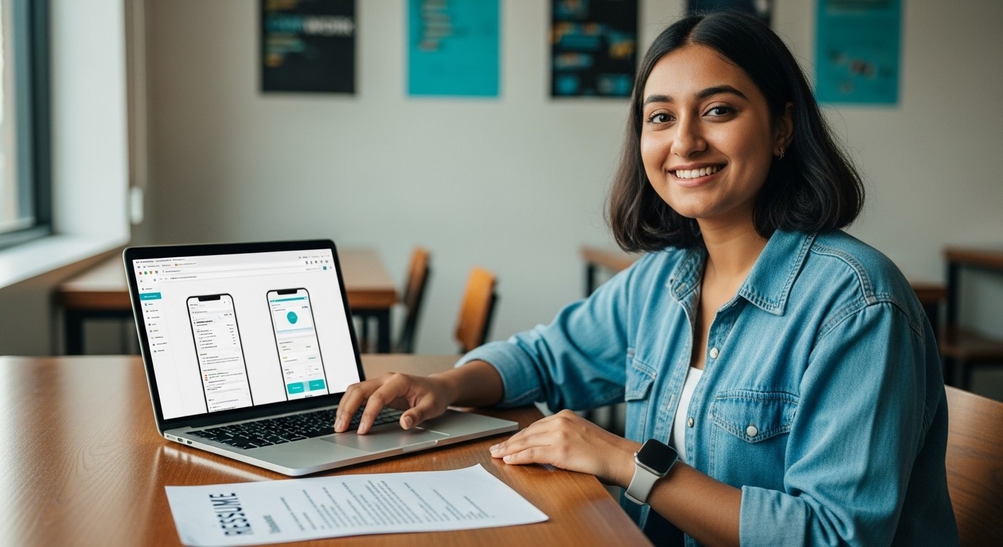 A close-up, candid shot of two students laughing while working on a laptop, capturing a moment of friendship and teamwork.