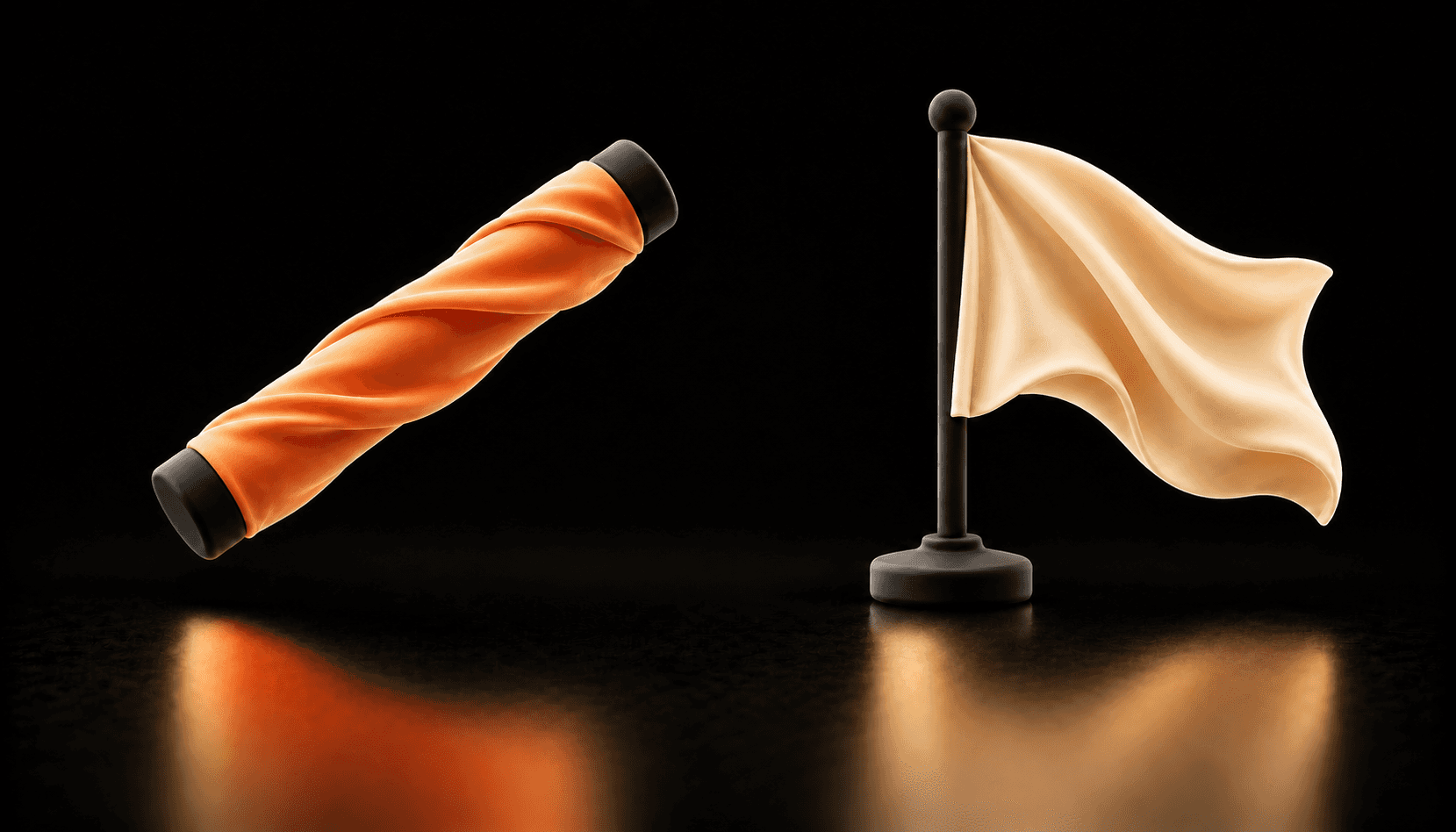 A separate cloth relay baton and cream flag represent taking ownership of the next milestone.