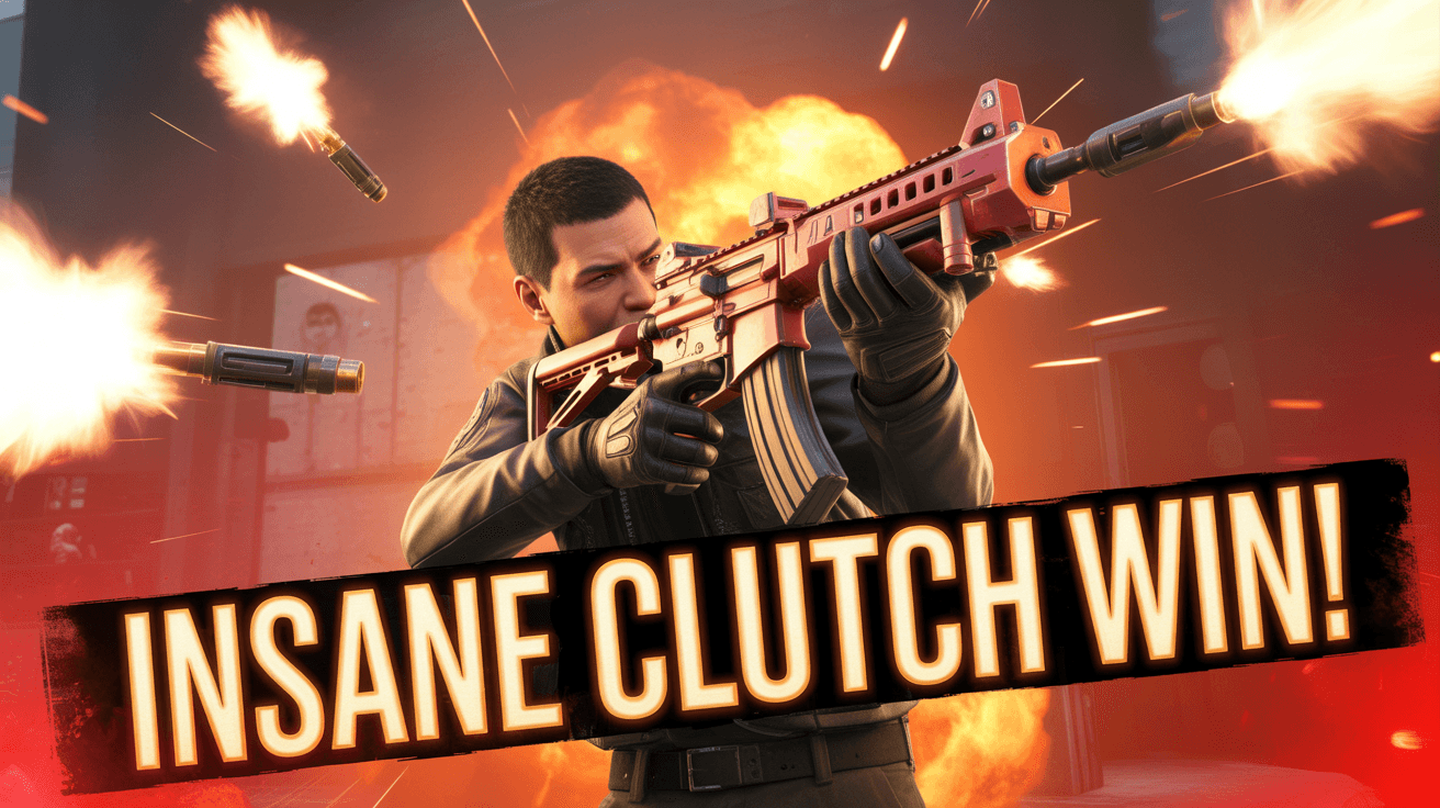 BGMI character spraying enemies with explosions and INSANE CLUTCH WIN text in fiery smoke