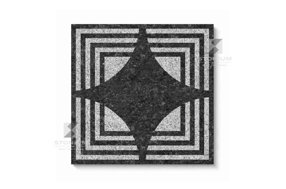 Zenith stone tile with layered geometric square and diamond pattern in textured grey surface for outdoor flooring