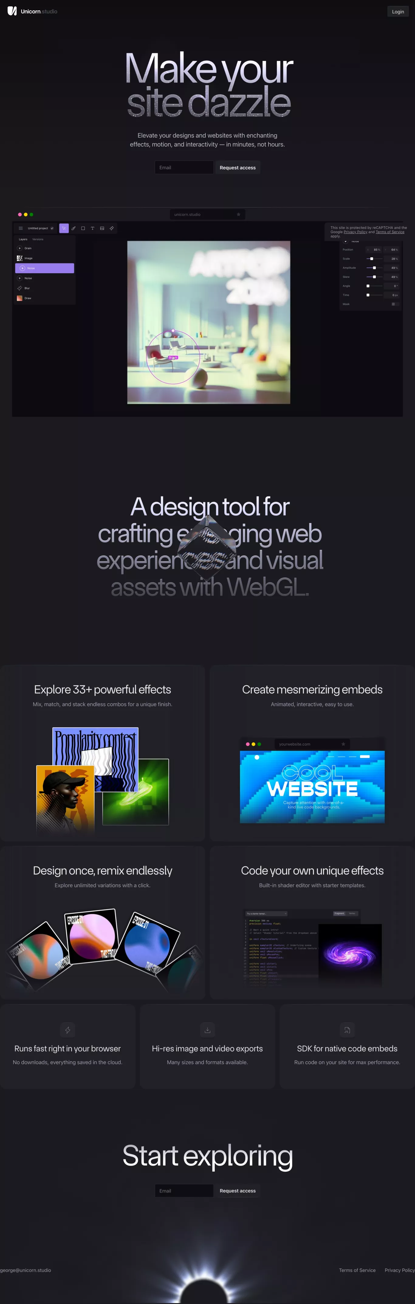 Unicorn Studio landing page screenshot showcasing Design and Tech design