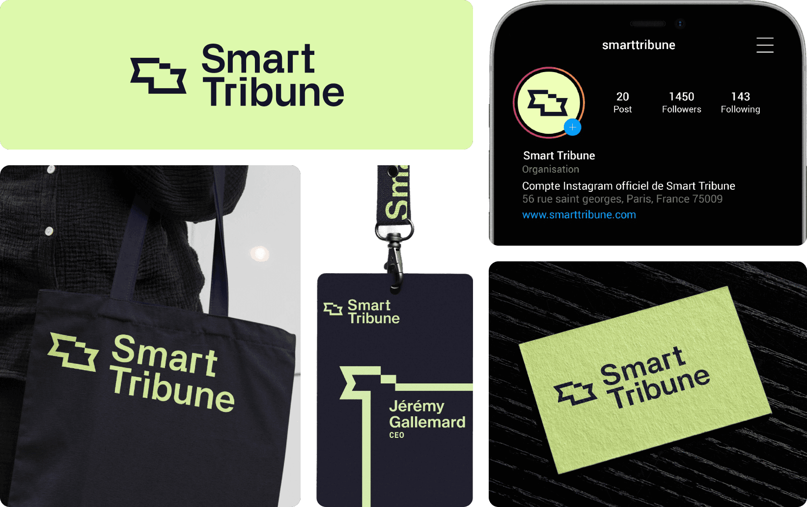 Composition bento avec plusieurs mises en application de la nouvelle identité de Smart Tribune (réseaux sociaux, print…)