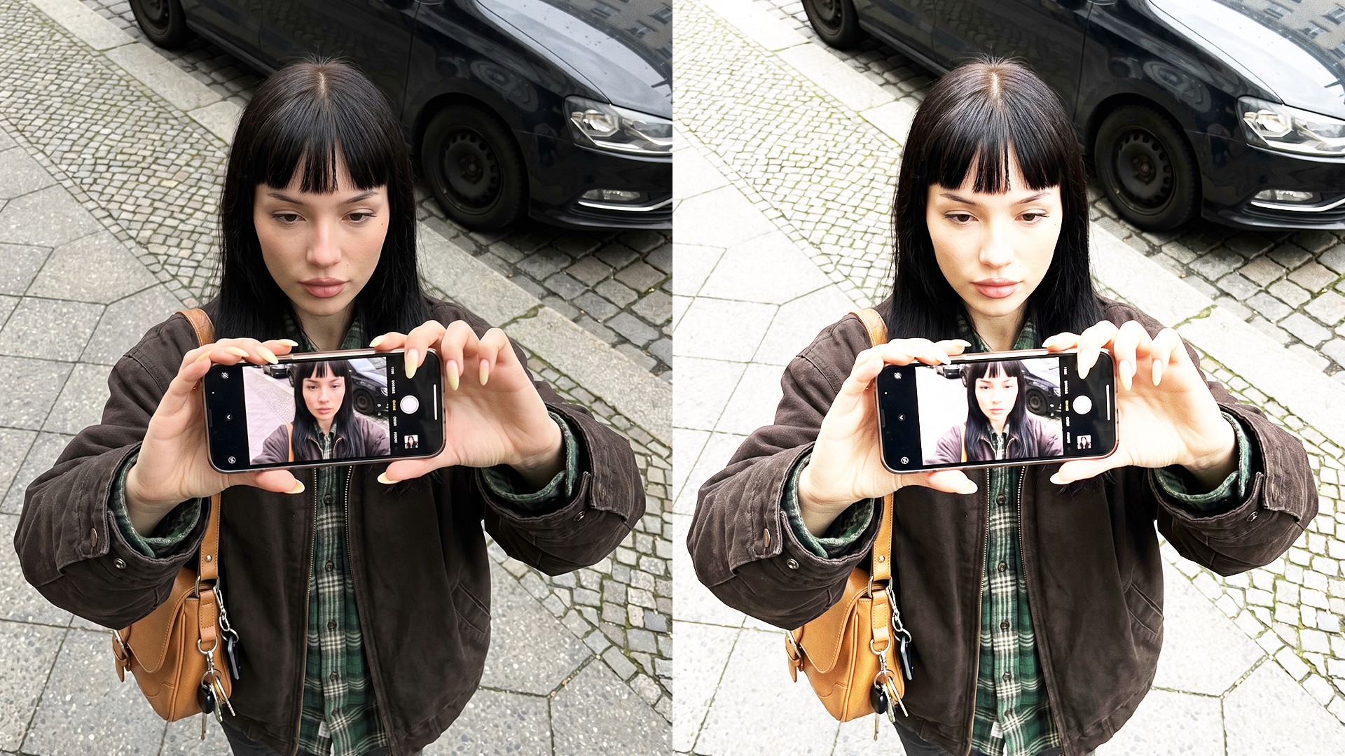 Portrait before and after a warm low-contrast filter, showing the effect on skin tone