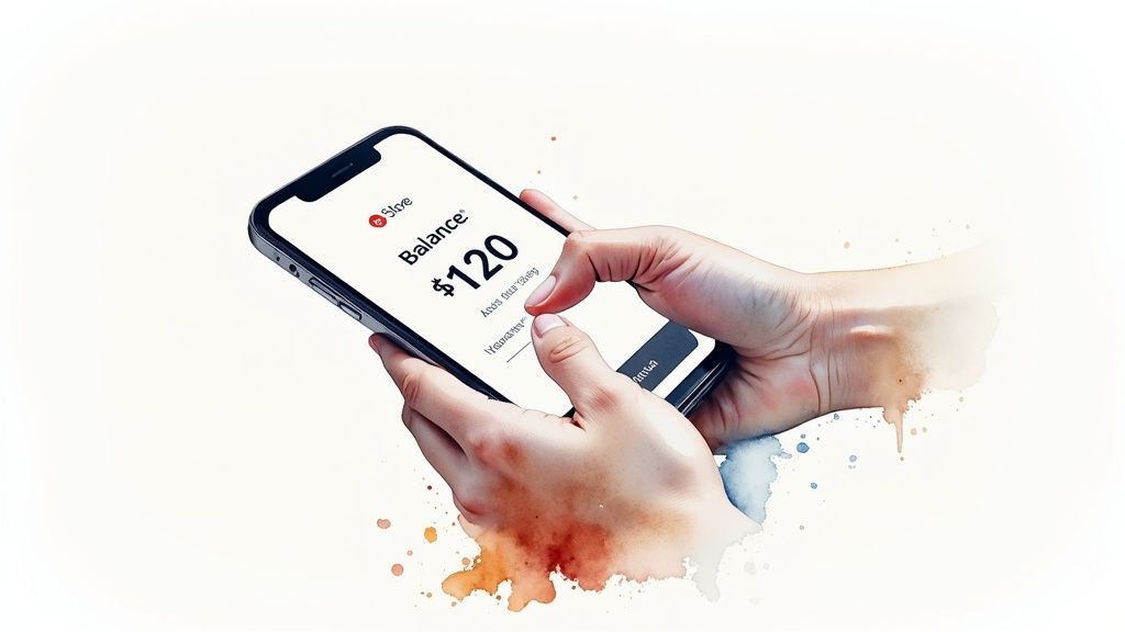Hands hold a smartphone displaying 'Slove' app with a $120 balance on a light background.