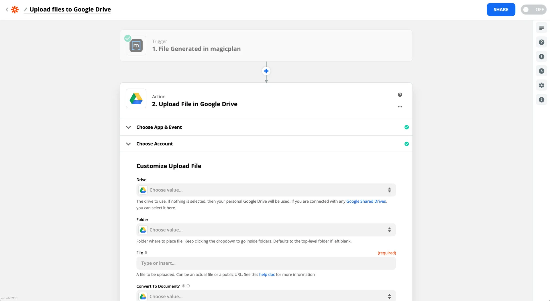 magic plan automation workflow uploading generated files to google drive using zapier