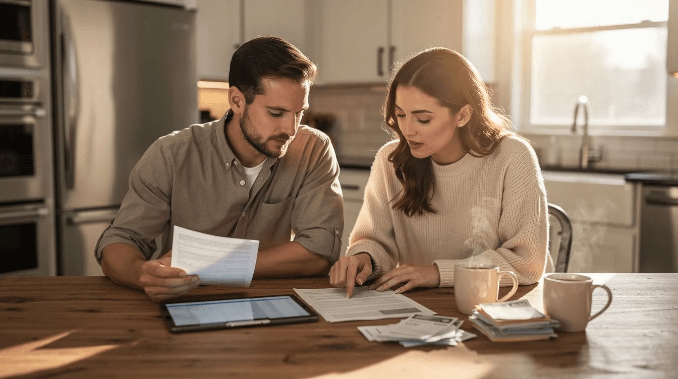 A couple sits at their kitchen table, reviewing financial documents with a laptop open and coffee cups nearby, as they discuss their financial goals and strategies for managing their investments and planning for the future. This scene highlights the importance of having a good financial advisor to assist with making informed financial decisions.
