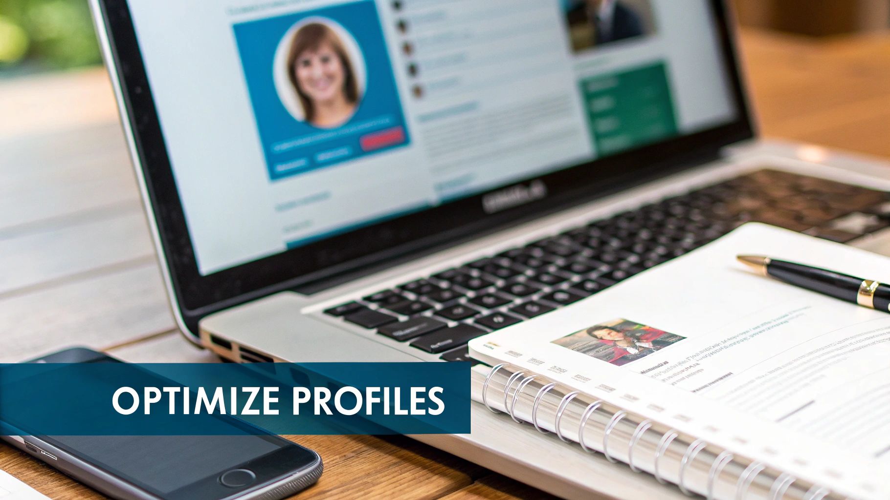 A laptop screen displaying a professional profile, next to a smartphone, notebook, and pen.