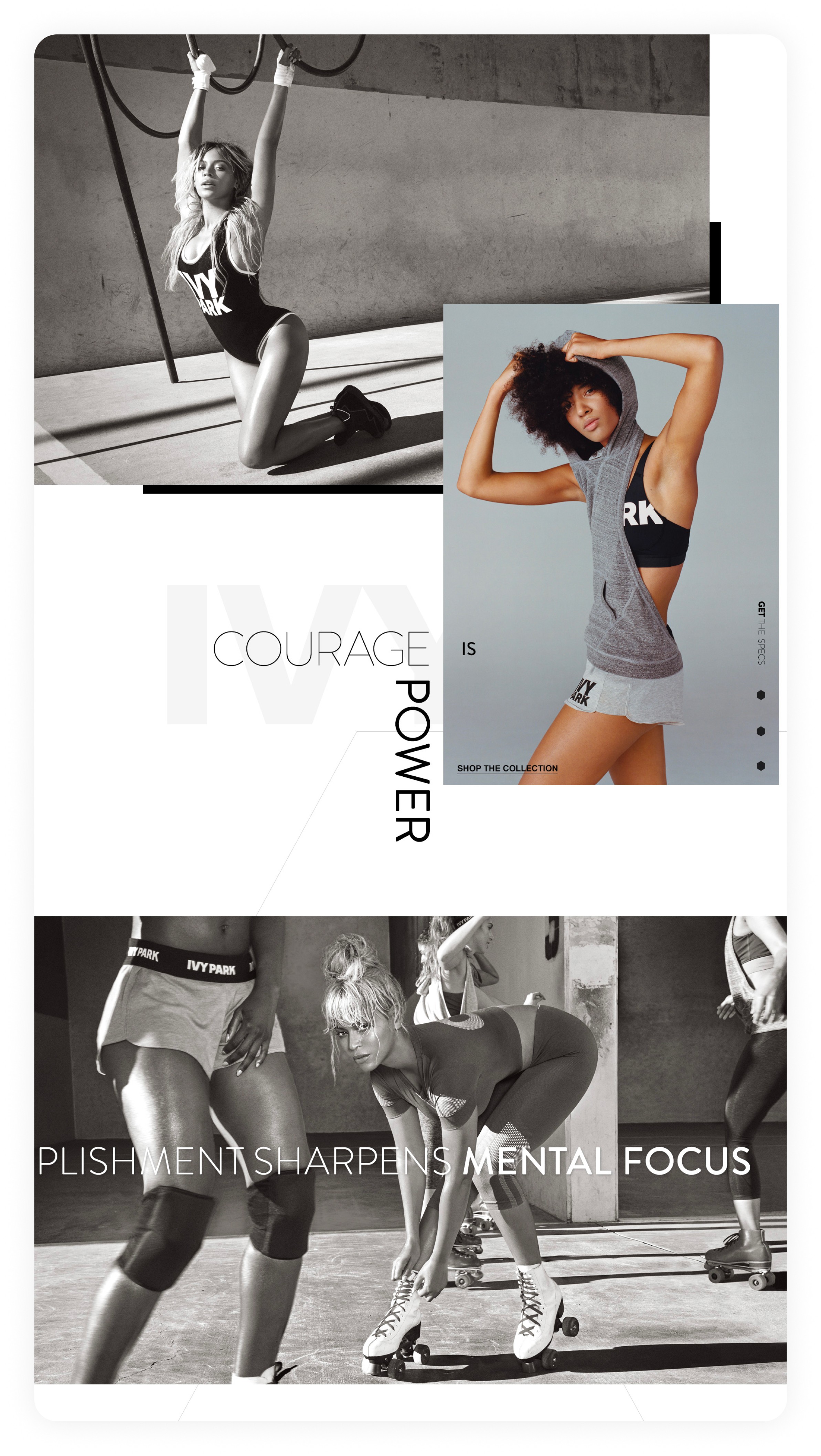 Ivy Park by Beyoncé athletic campaign featuring women in workout gear with 'Courage is Power' and mental focus messaging