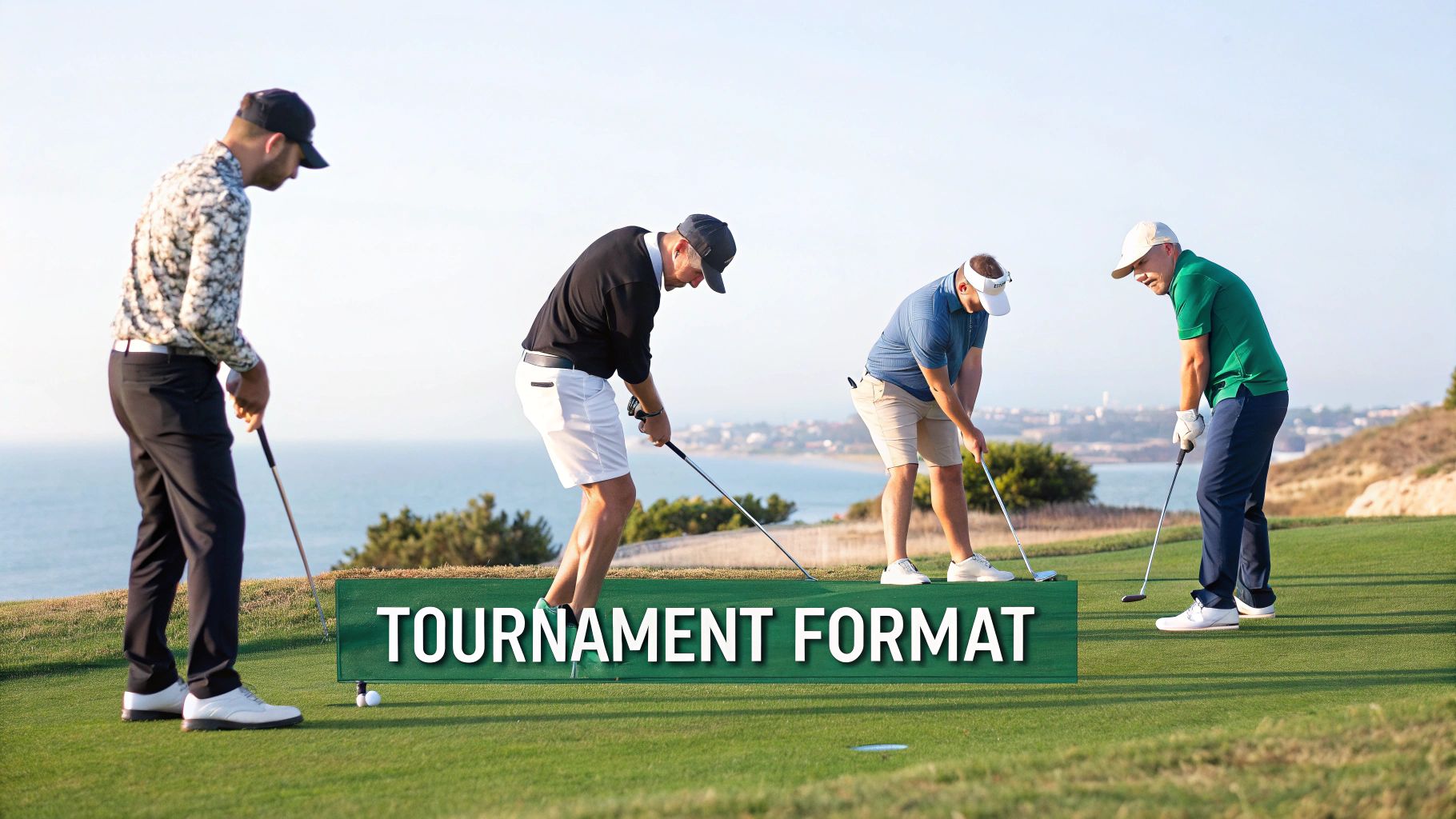 Four men on a sunny golf course, preparing to putt, with an ocean view and a 'TOURNAMENT FORMAT' sign.
