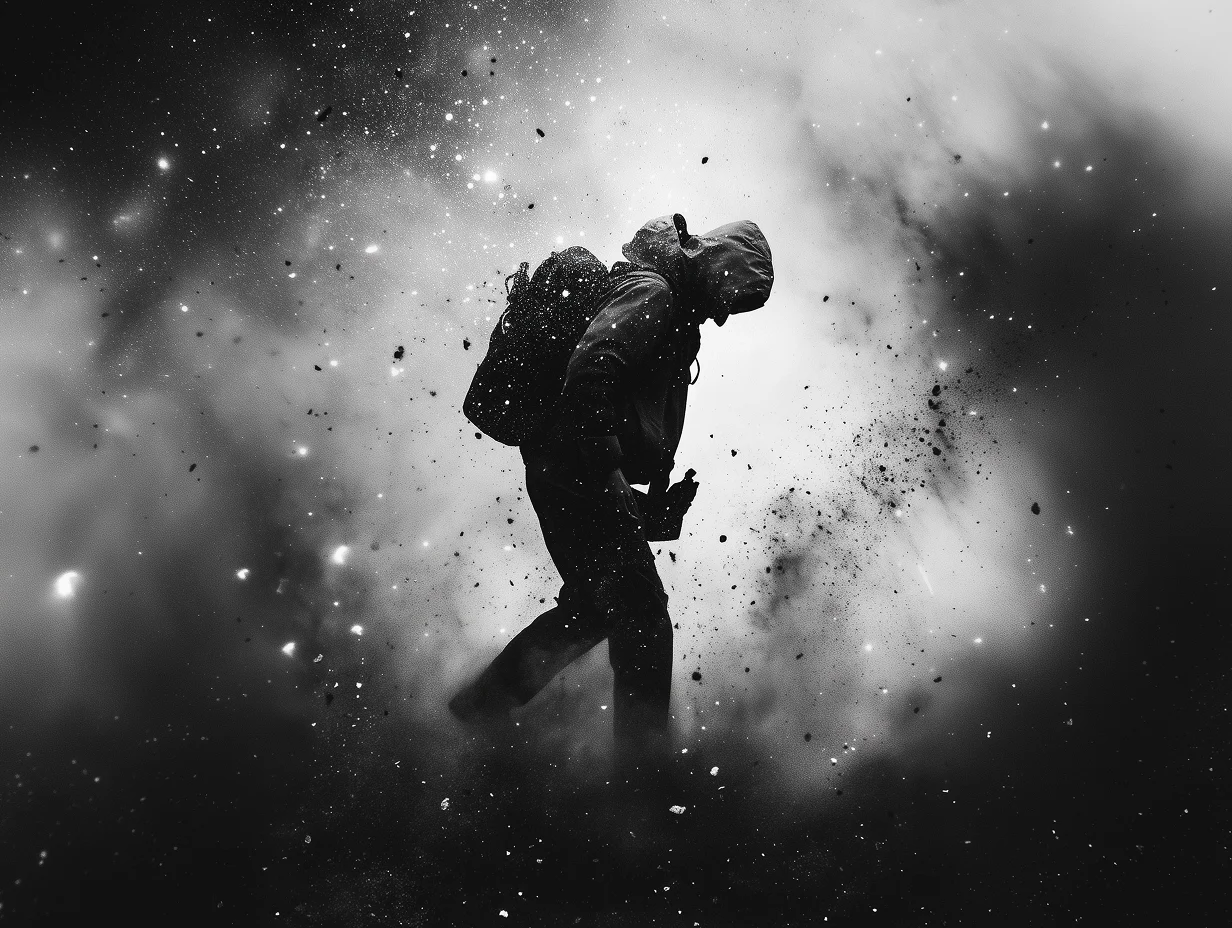 Silhouette of a person walking through smoke and light