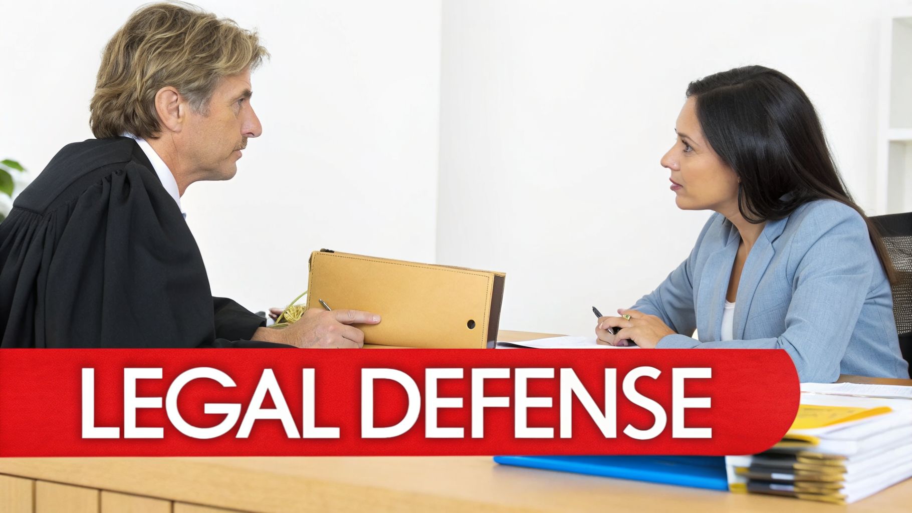 A male lawyer in a black gown speaks with a female professional across a desk under a 'LEGAL DEFENSE' banner.