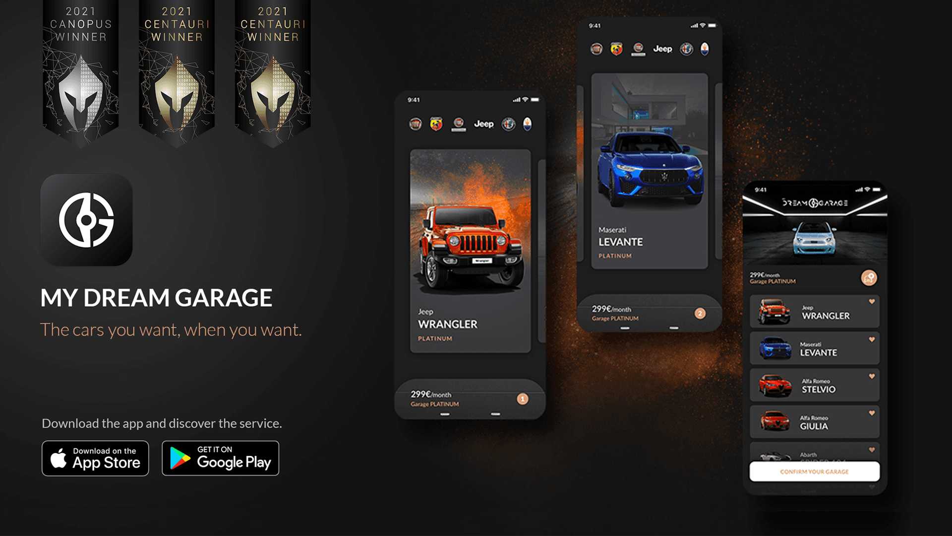 Mockup di interfaccia web di ‘The Garage’ presentato in una finestra browser su sfondo scuro; griglia di card progetto con immagini a tutta larghezza, titoli leggibili e contrasto elevato; header con logo, menu di navigazione e call-to-action visibili; tipografia sans-serif chiara e layout responsive orientato alla presentazione dei case study. L'applicazione ha vinto il premio canopus e due premi centauri. 