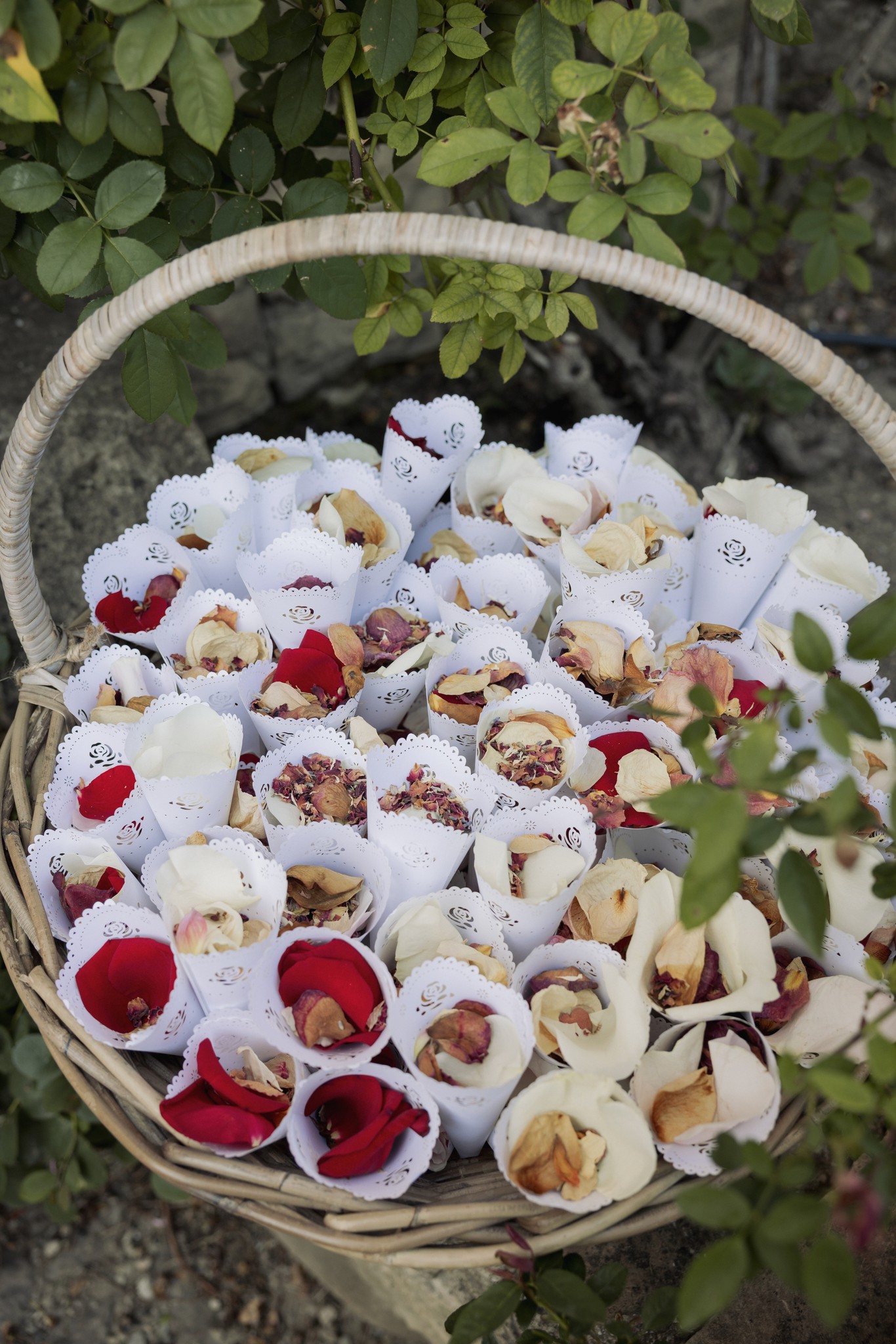 Coni di carta con petali rossi e fiori secchi in cesto di vimini, dettaglio ricevimento matrimonio al Castello di Scipione