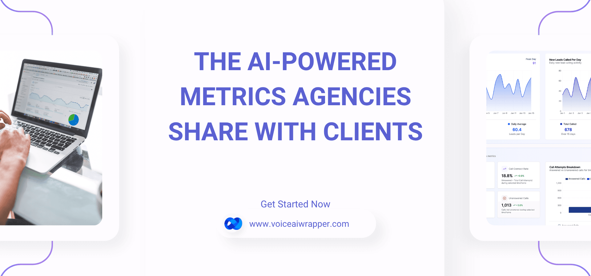 Laptop and VoiceAIWrapper dashboard showing call connect rate, daily leads called, and unanswered calls metrics | VoiceAIWrapper.