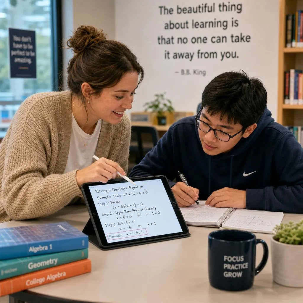 A warm, candid photo of a supportive math tutor actively guiding a focused student on an illuminated tablet screen in a bright learning center.
