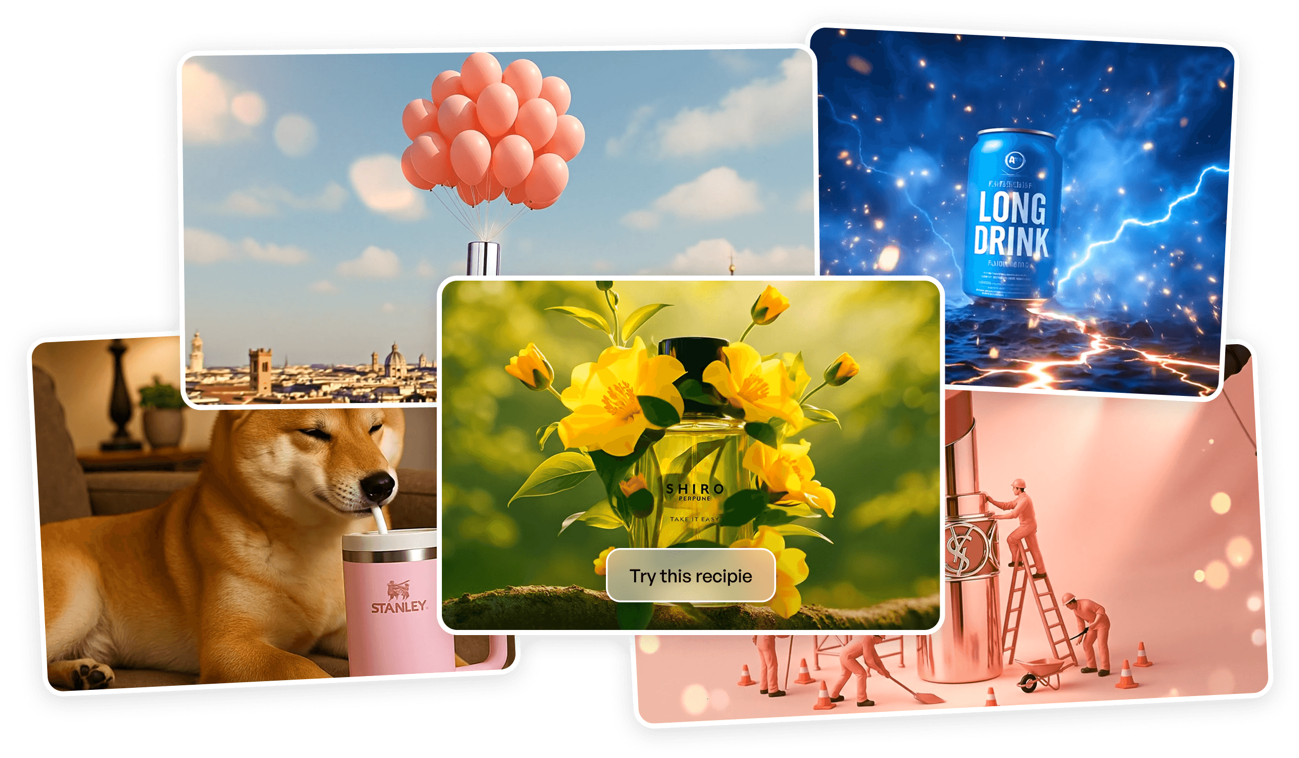 Collage of colorful marketing images featuring a Shiba Inu dog, pink balloons, a blue soda can, and yellow flowers.