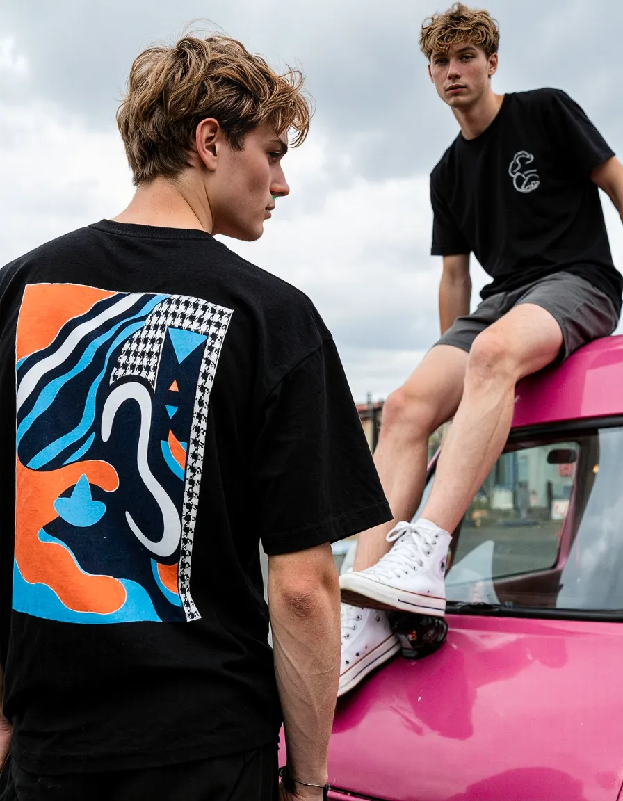 Street style fashion photograph featuring graphic black t-shirts, white sneakers, and a pink vintage vehicle against an overcast sky