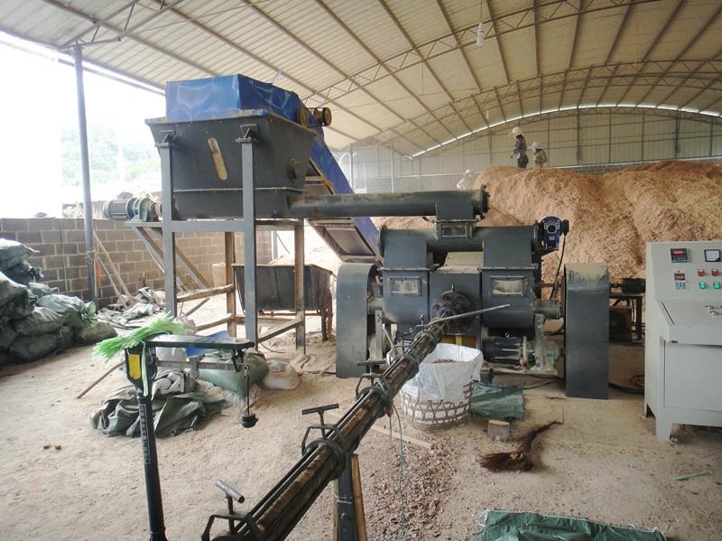 Biomass briquetting machinery inside a production shed