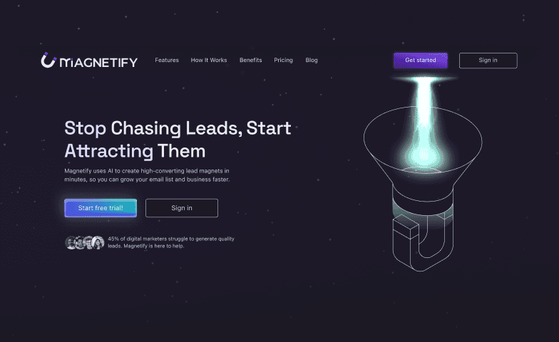 Hero section of the Magnetify website, featuring a magnetic funnel illustration that visualizes lead attraction.