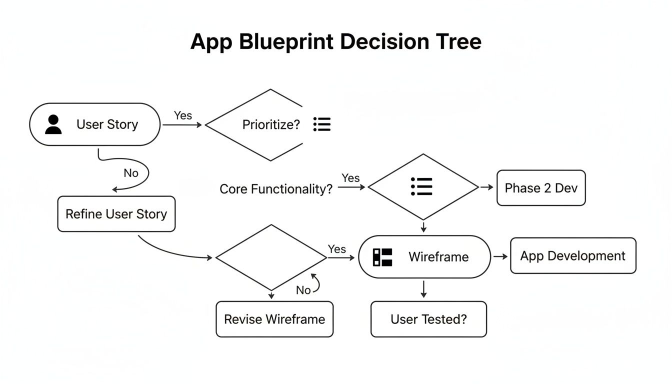 Flowchart illustrating the App Blueprint Decision Tree, guiding through user stories to development.