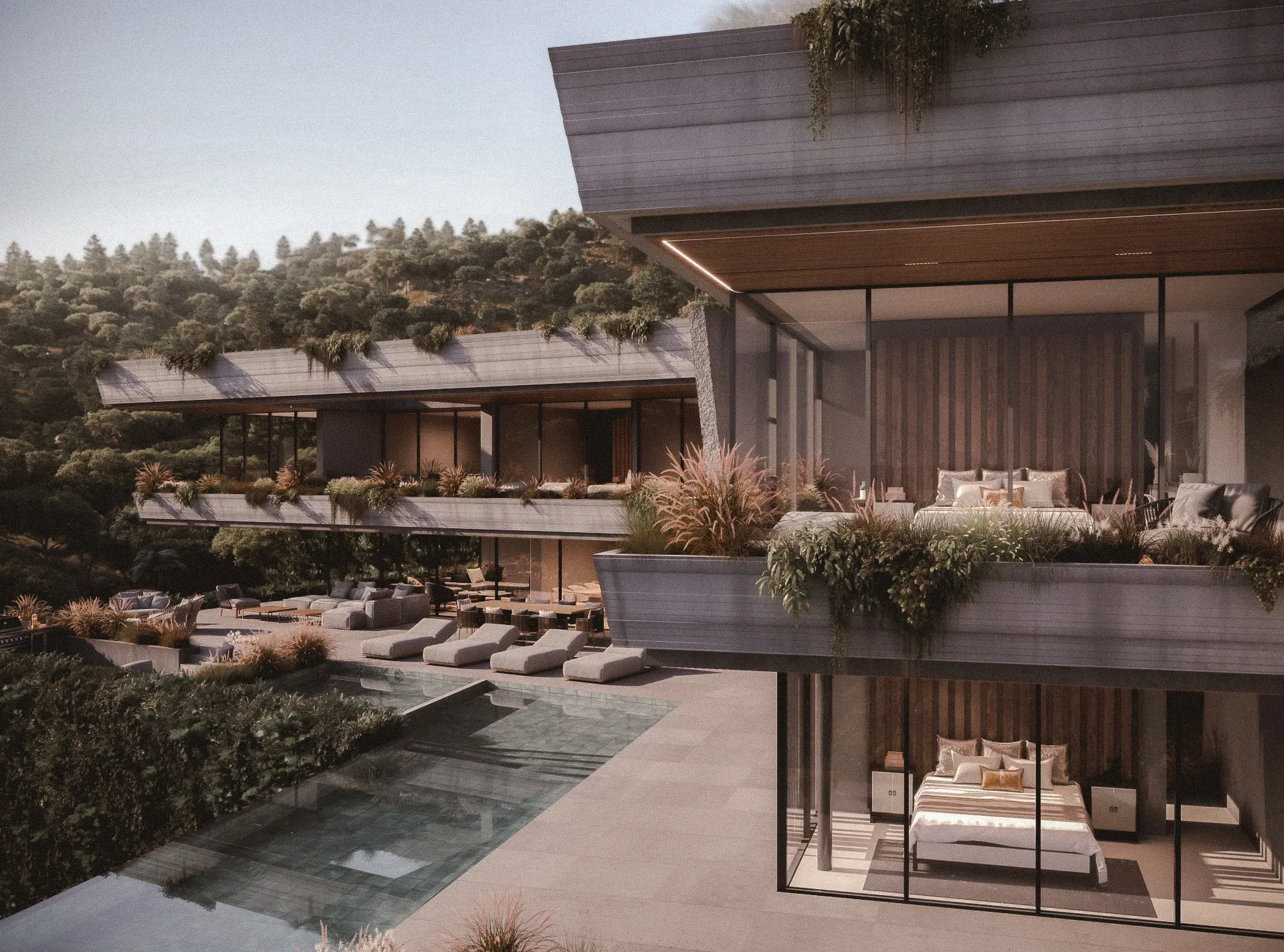 Contemporary luxury villas with natural stone architecture and landscaped terraces in El Madroñal.