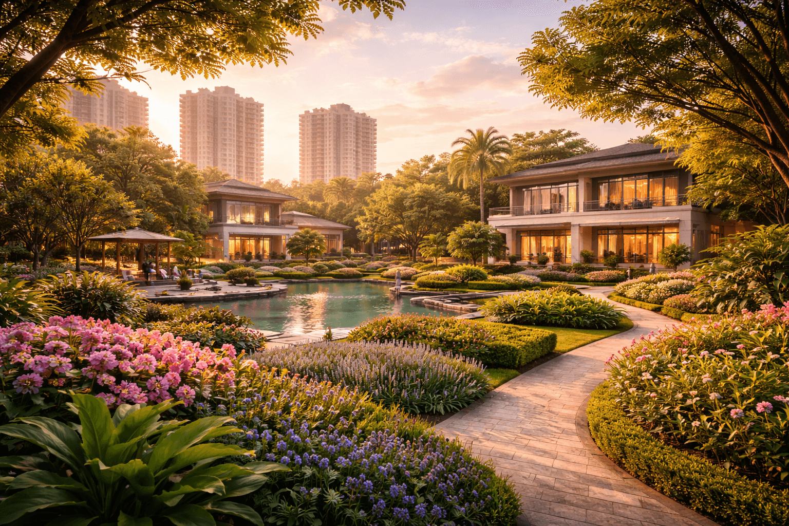 Green parkfront garden with peaceful walkways and residential homes in Sector 36B Gurugram