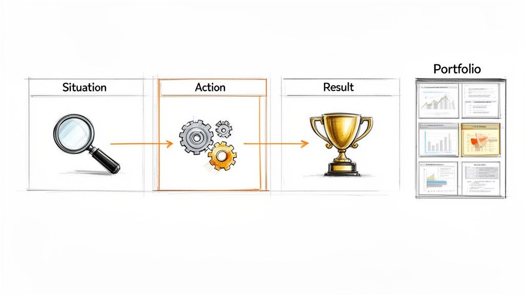 Illustrative diagram of the STAR method showing situation, action, result, and a portfolio.