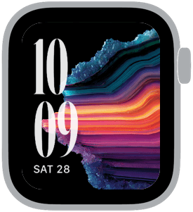 Gradient Apple Watch face with vivid agate mineral layers in orange, pink, and teal and large serif numerals