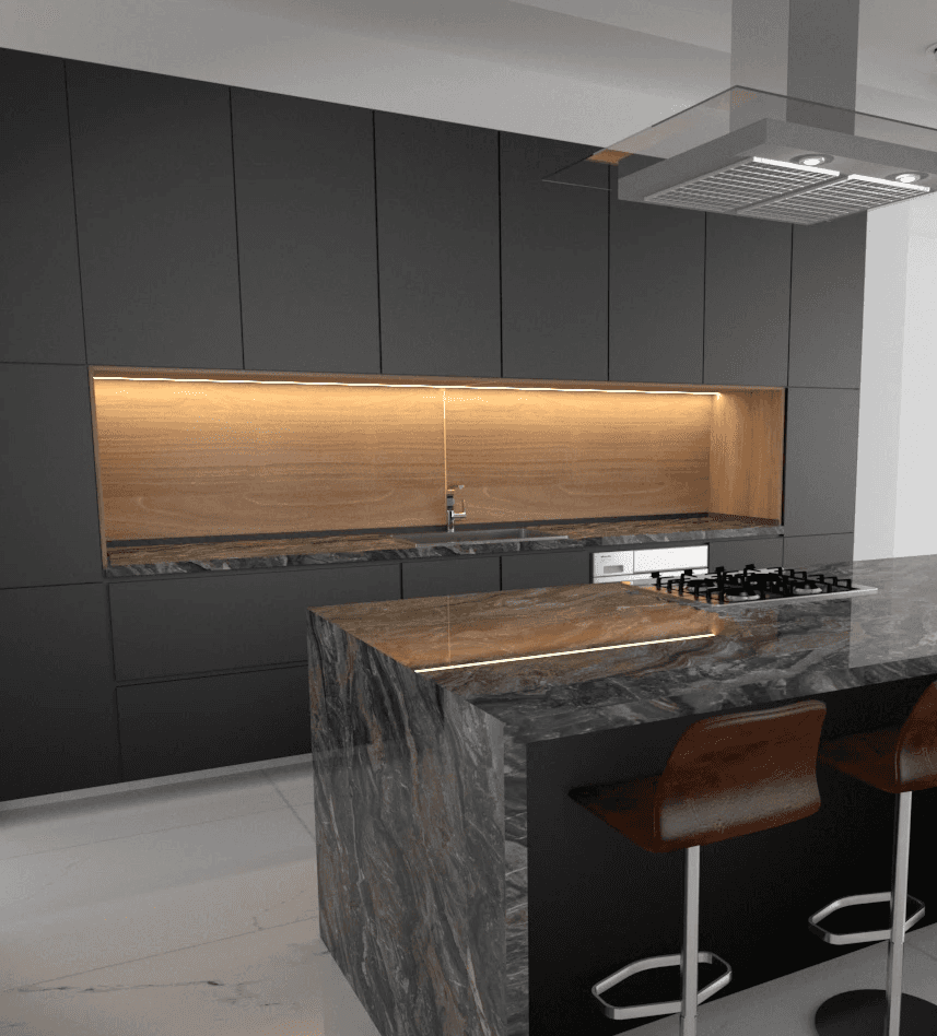 Modern kitchen with a wooden dining table, white chairs, and a hanging light fixture above.