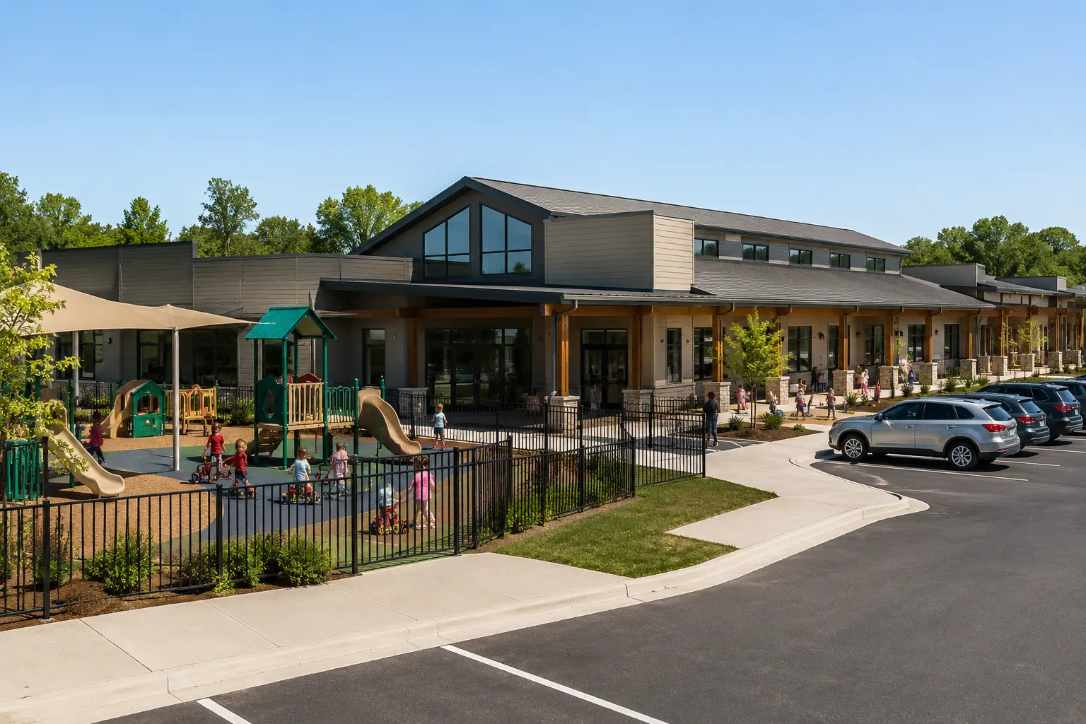 the outside of a large child care center including parking lot and playground with children in it